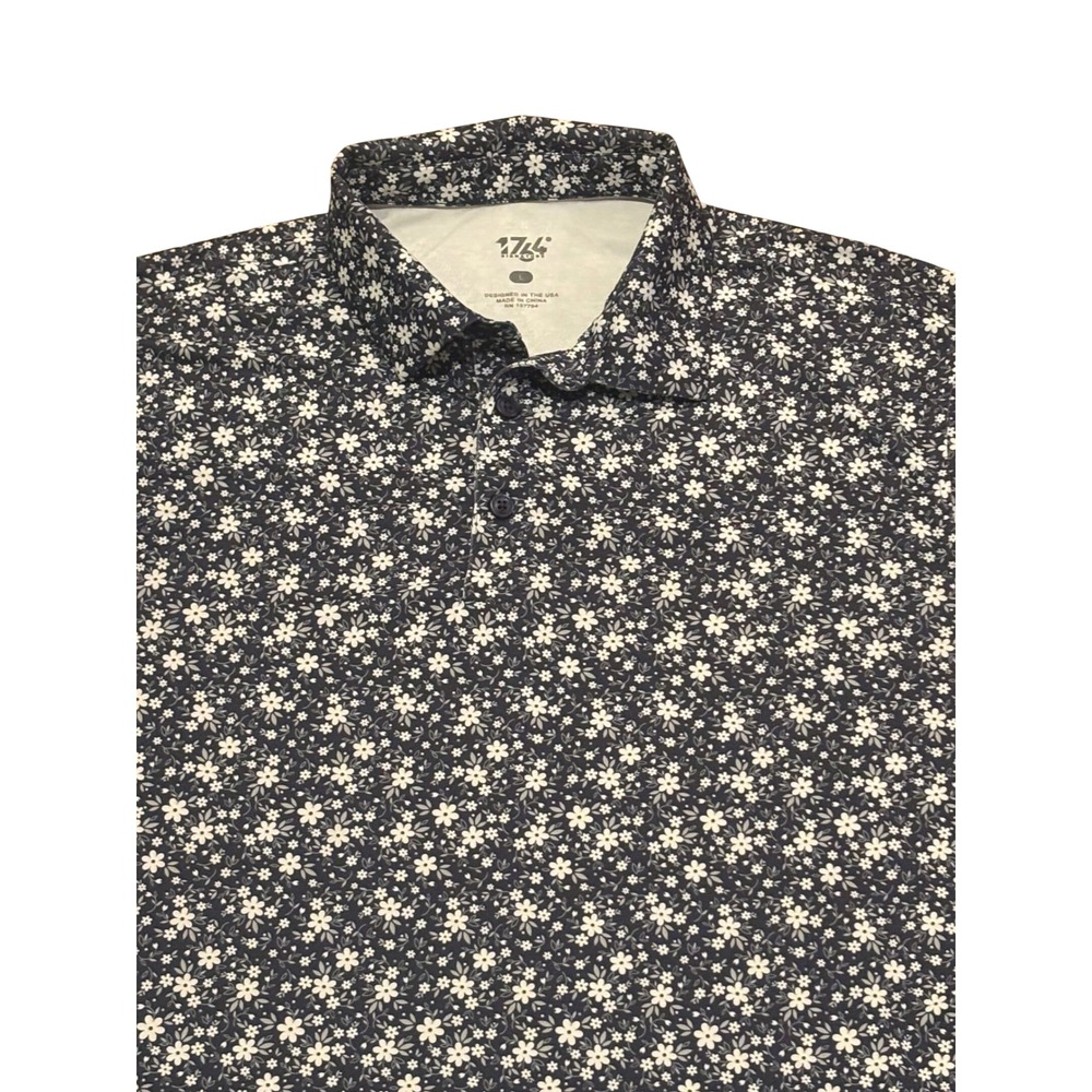 1764 Signature Mens Floral Performance Polo Shirt Navy Blue Daisy Print Large